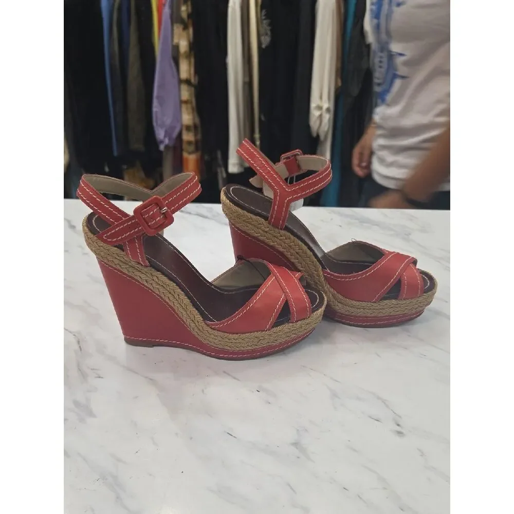 Christian Louboutin Red Leather Espadrille Wedge Sandals